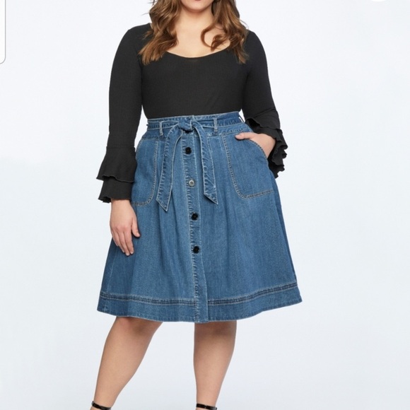 New NWT Eloquii Denim Button Up Skirt Belted Navy Blue Jean Cotton - Picture 1 of 15
